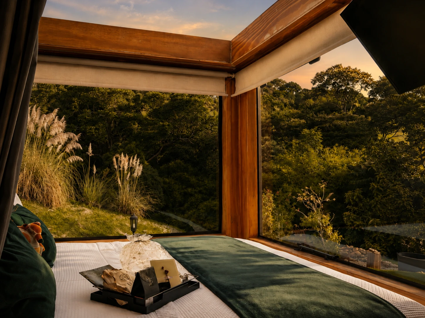 Quarto da Sky Cabin com cama queen, vista para a natureza e céu visível pela cobertura panorâmica