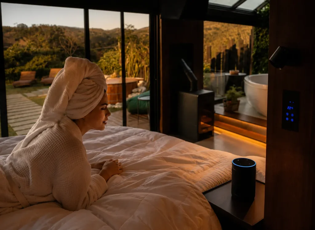 Foto de uma mulher dando comando de vóz para automação da Invisible Cabin do Luts chalés