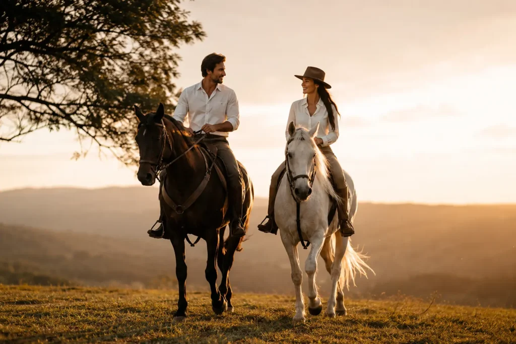 Foto de um casal andando a cavalo nas montanhas perto do Luts Chalés