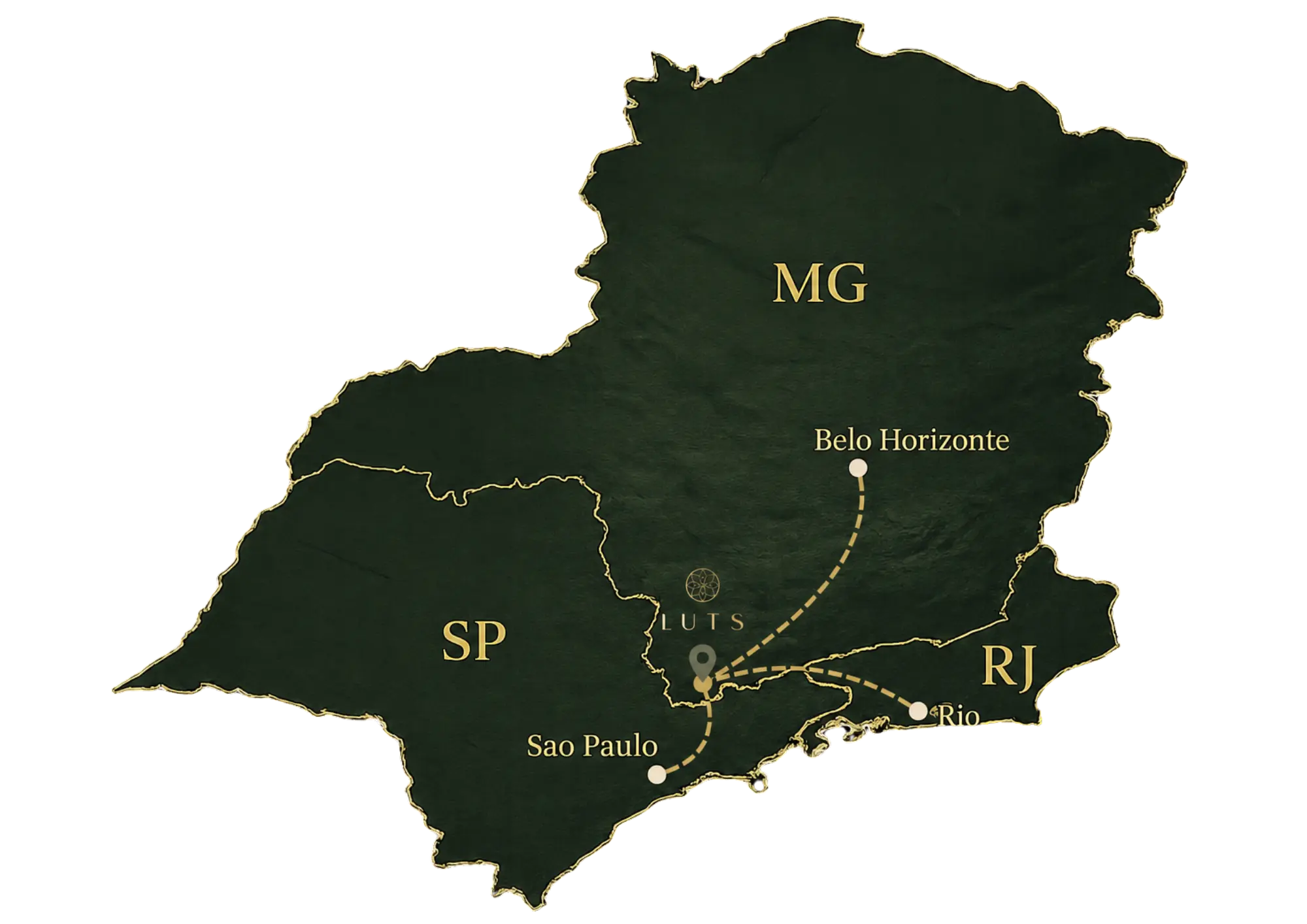 Mapa da localização do LUTS Chalés em Gonçalves, entre São Paulo, Rio de Janeiro e Belo Horizonte